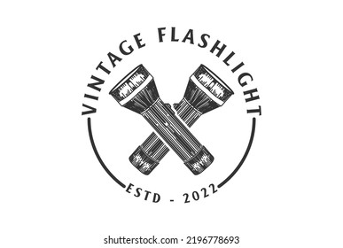 Vintage Hand Drawn Crossed Flashlight Logo Design Vector