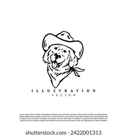 Vintage hand drawn cute dog face wearing cowboy hat and scarf logo design vector