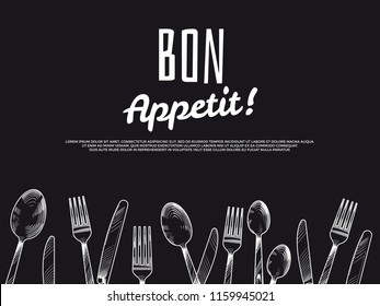 Vintage hand drawn cutlery background. Black bon appetit banner and poster design. Vector illustration