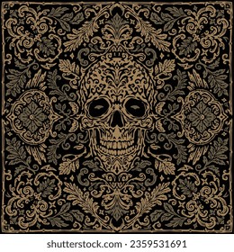 Vintage hand drawn damask and floral brown sugar skull pattern bandana