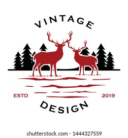 Vintage Hand Drawn Deer Elk Forest River Pine