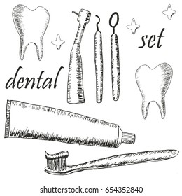 Vintage hand drawn dental vector set. Dental instruments, tooth, toothbrush and toothpaste isolated on white background vector illustration. Stomatology collection.
