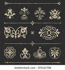 Vintage hand drawn design elements set 3 on dark. Vector illustration.