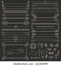 Vintage hand drawn design elements set 5 on dark. Vector illustration.