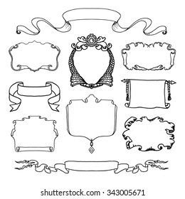 Vintage  hand drawn design elements set. Page decor banners ribbons. Decorative ornate frames.  Place for text message.Vector illustration. 