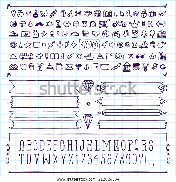 Vintage hand drawn design icon set and\
alphabet. School notebook. Vector\
illustration.