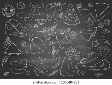 Vintage hand drawn different types of cheeses on chalkboard. Cheese collection