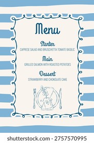 Vintage hand drawn dinner menu with ink frame and whimsical plate. Elegant pastel line art border for wedding or birthday menu design