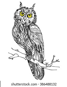 Vintage hand drawn doodle decorative eagle owl. sketch for adult antistress coloring page, tattoo, poster, print, t-shirt, invitation, cards, banners, flyers, calendars