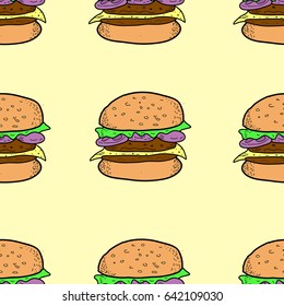Vintage hand drawn doodle fast food seamless pattern. Vector burger background. Sketch.