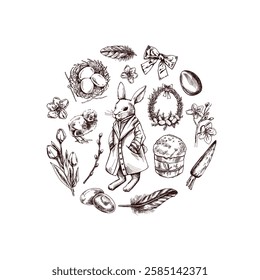 Vintage hand drawn Easter composition with bunny, eggs, flowers, and festive elements in sketch style

