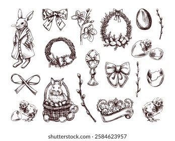 Vintage hand drawn Easter set with rabbits eggs bows wreaths willow branches and spring elements


