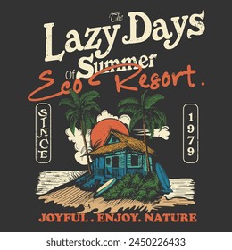 Vintage hand drawn Eco beach resort art , summer beach print design , natural tropical summer surfing beach illustration, retro color funny typography with beach hotel motel view , t-shirt, shirt