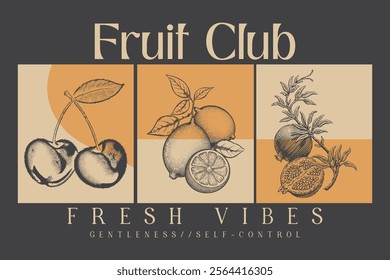 Vintage hand drawn effects cherry, lemon, Pomegranate  fresh summer girls graphics for fruit design, grunge effect use this print, fruit club grunge vintage t shirt prints, woman food fashion graphic