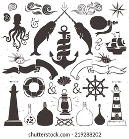 Vintage hand drawn elements in nautical style. Vector illustrations.