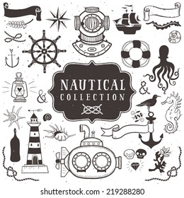 Vintage hand drawn elements in nautical style. Vol.1 Vector illustrations on white background.