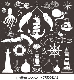 Vintage hand drawn elements in nautical style on blackboad. Vector illustrations.
