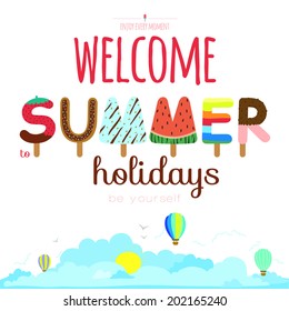 Vintage hand drawn elements for summer calligraphic designs. Cute illustration ornaments with ice cream typography. Summer holidays, tropical paradise, sea, sunshine, weekend tour, beach vacation.
