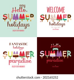 Vintage hand drawn elements for summer calligraphic designs. Cute illustration ornaments with ice cream typography. Summer holidays, tropical paradise, sea, sunshine, weekend tour, beach vacation.