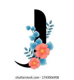 Vintage hand drawn English capital letter J vector illustration with blue leaves and red flowers, spring and summer elements, elegant and romantic wedding font, blooming flowers, textiles,
