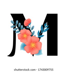 Vintage hand drawn English capital letter M vector illustration with blue leaves and red flowers, spring and summer elements, elegant and romantic wedding font, blooming flowers, textiles,