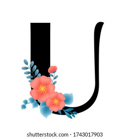 Vintage hand drawn English capital letter U vector illustration with blue leaves and red flowers, spring and summer elements, elegant and romantic wedding font, blooming flowers, textiles,