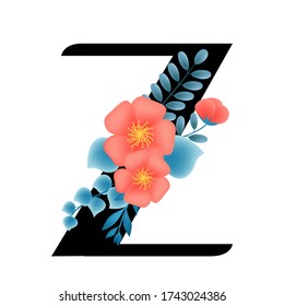 Vintage hand drawn English capital letter Z vector illustration with blue leaves and red flowers, spring and summer elements, elegant and romantic wedding font, blooming flowers, textiles,
