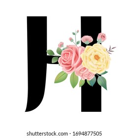 Vintage hand drawn English letter H vector illustration with rose flower leaves, spring and summer elements, elegant romantic wedding font, blooming flowers, textiles, prints,