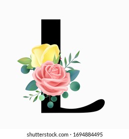 Vintage hand drawn English letter L vector illustration with rose flower leaves, spring and summer elements, elegant romantic wedding font, blooming flowers, textiles, prints