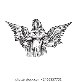 Vintage hand drawn engraving angel in prayer pose vector art illustration