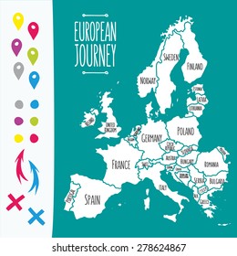 Vintage Hand drawn Europe travel map with pins vector  illustration