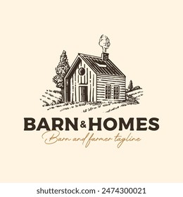 Vintage hand drawn farm barn ranch home nature on the yard forest wood logo vector design template inspiration