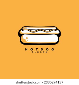 Vintage hand drawn fast food homemade hot dog logo design isolated on yellow background
