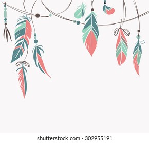 Vintage hand drawn feathers and beads on white background. Vector illustration