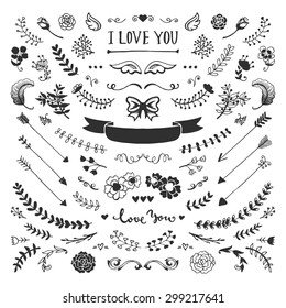 Vintage hand drawn floral elements collection. Vector sketch set. Illustration with flowers and leaves, arrows and frames.