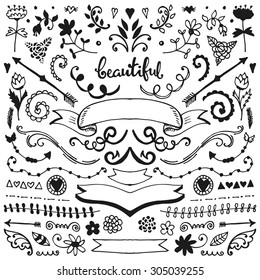 Vintage hand drawn floral elements collection. Vector sketch set. Illustration with flowers and leaves, arrows and frames.