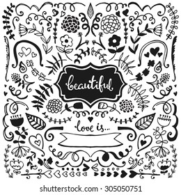Vintage hand drawn floral elements collection. Vector sketch set. Illustration with flowers and leaves, arrows and frames.