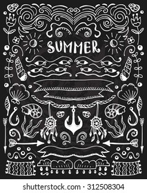 Vintage hand drawn floral elements collection. Vector sketch set. Illustration with flowers and leaves, arrows and frames.