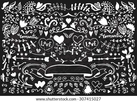 Vintage hand drawn floral elements collection. Vector sketch set. Illustration with flowers and leaves, arrows and frames.