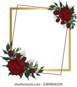 Marco floral de vintage dibujado a mano con rectángulo dorado. Roses y rosales de color agua rojo con hojas de salvia y verde oscuro envueltas alrededor de un marco de gradiente dorado