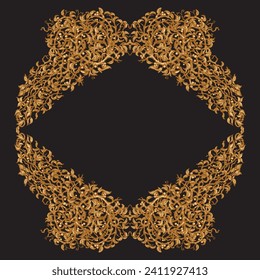 Vintage hand drawn floral frame sketch in Baroque style with golden branches on a black background