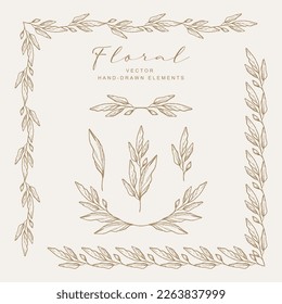 Marcos florales, bordes, divisores dibujados a mano. Elementos de laurel vectorial de plantas, ramas, hojas para etiqueta, identidad comercial de marca, invitación a matrimonio, tarjeta de saludo, diploma