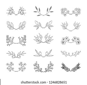 Vintage hand drawn floral laurel borders. Vector isolated elements. Wedding flourish dividers for invitation card.