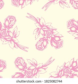Vintage hand drawn floral seamless pattern with pink roses. Vector background