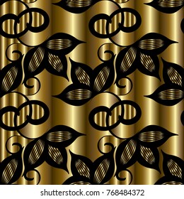 Vintage hand drawn floral seamless pattern. Vector black gold 3d background. Modern wallpaper. Striped abstract flowers, swirls, leaves, vintage ornaments. Surface texture. Design for fabric, prints