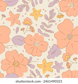 Vintage hand drawn flower art seamless pattern. Retro floral drawing background print. Nature garden wallpaper texture, repeat botany spring illustration design.