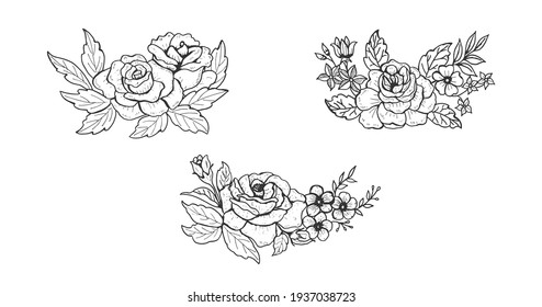 Vintage hand drawn flower and leaves. Vector sketch flower petal illustration art.