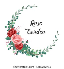 Vintage hand drawn flowers, red and pink roses decoration vector illustration invitation wreath, valentine card, wedding decoration, natural plant leaves, greeting card