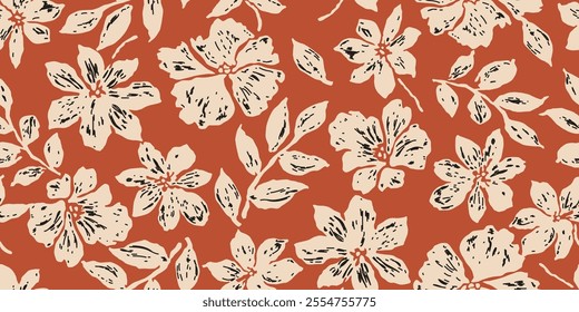 Vintage hand drawn flowers seamless patterns, floral background for fabric, textiles, clothing, wrapping paper, cover, banner, home decor. Vector illustration.