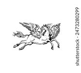 Vintage hand drawn flying Pegasus horse with feather wings art vector